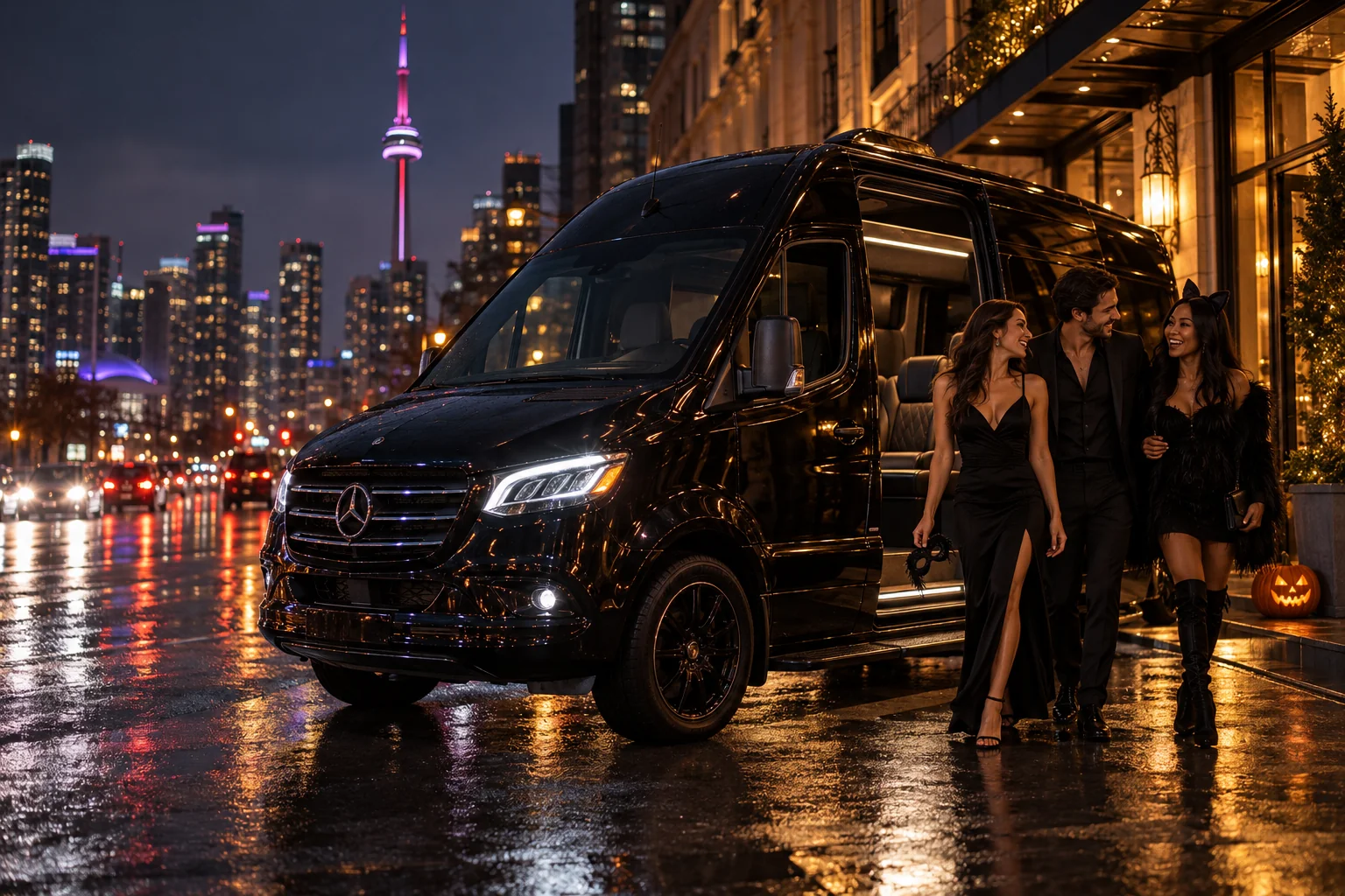 Illustrative black Sprinter and adult friends dressed for a Toronto masquerade night